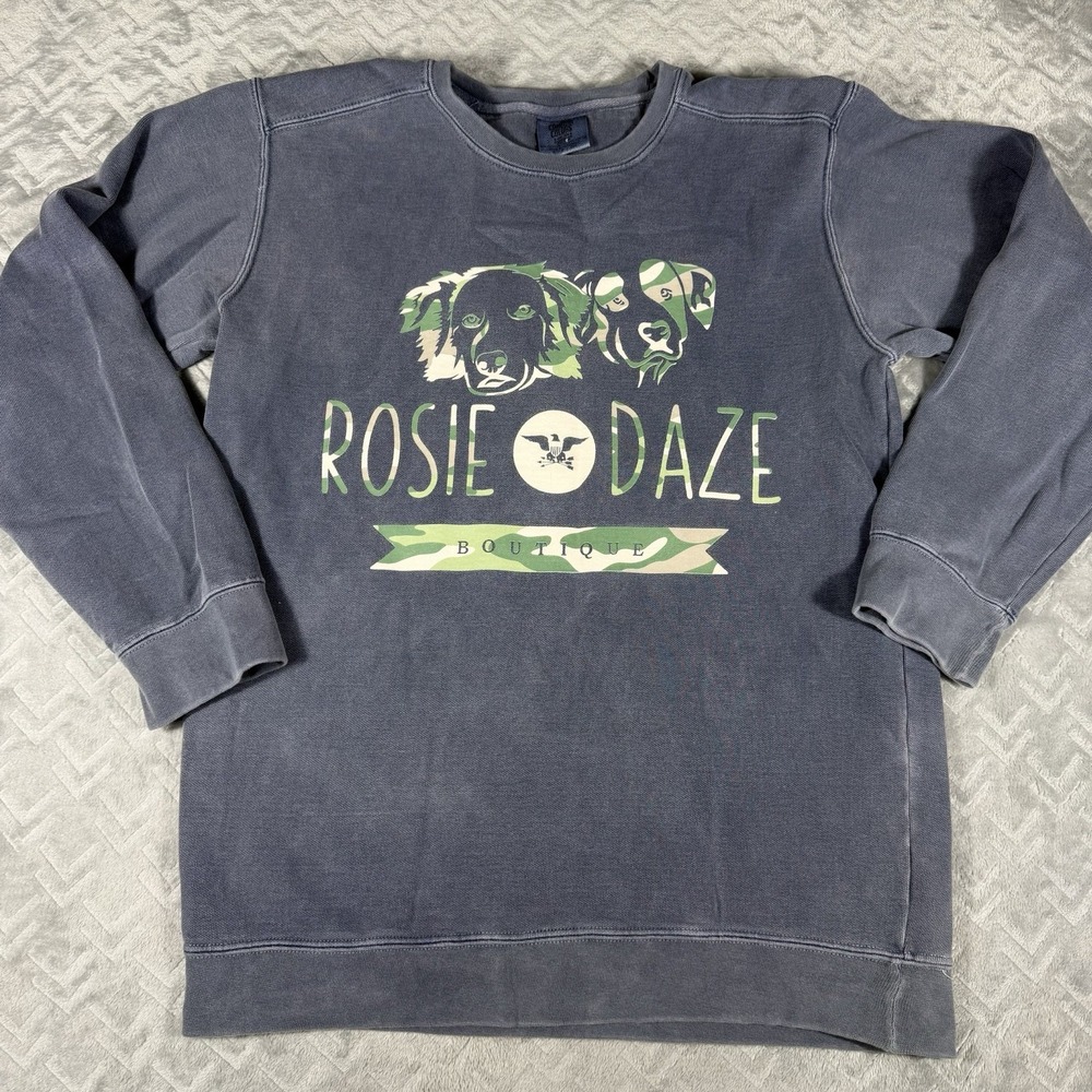 Rosie Daze Boutique Womens Dog Graphic Sweatshirt Comfort Colors Gray Camo Small